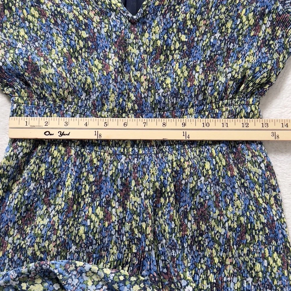 Boden Plisse Mini Dress Sz US 6L‎ XS Blue Floral V Neck Long Sleeve Dress